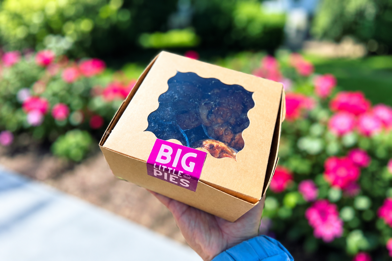 A hand holds a kraft Big Little Pies box with a die-cut window in front of a garden.