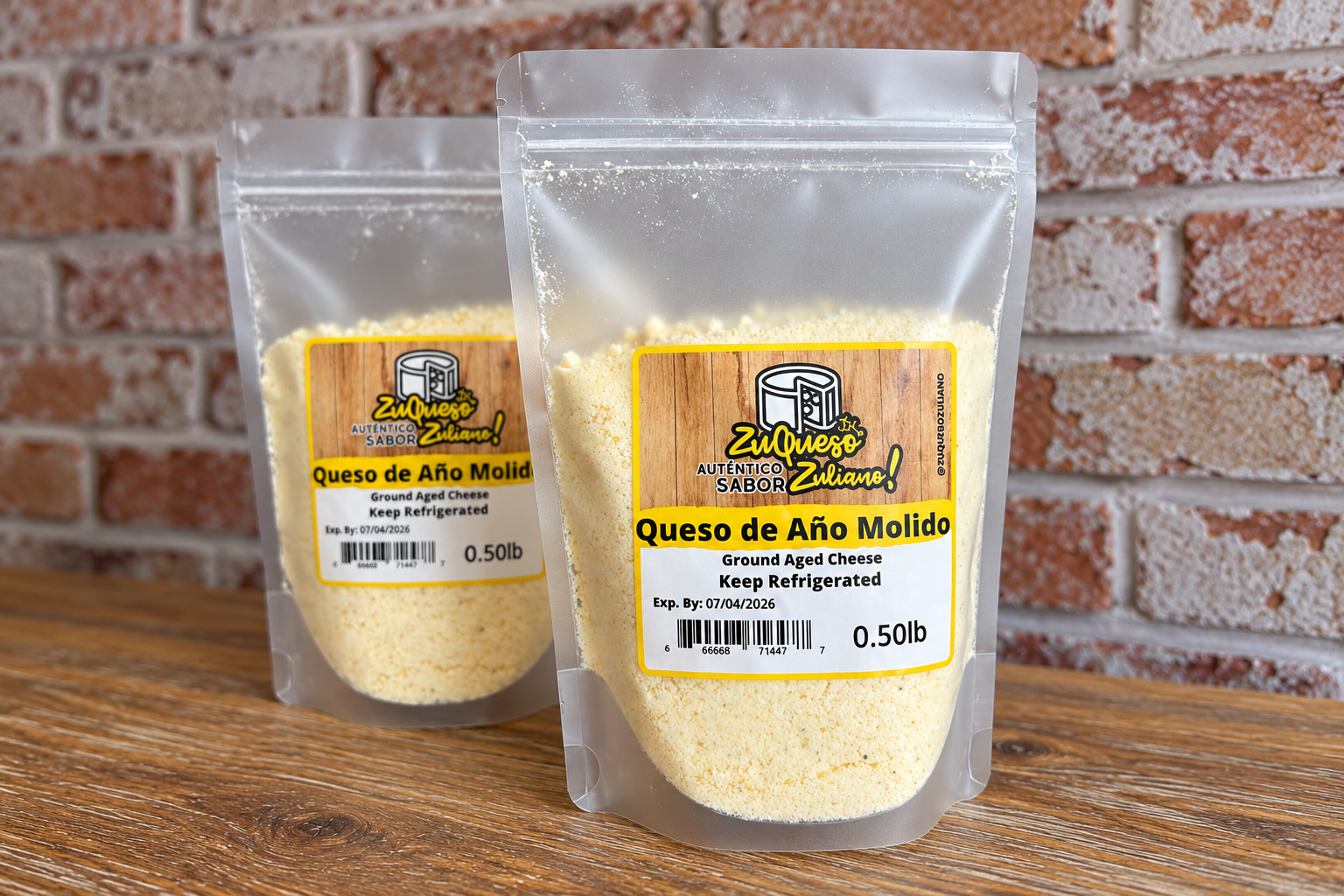 Two clear Zuqueso Zuliano ground aged cheese pouches stand on a wooden surface.