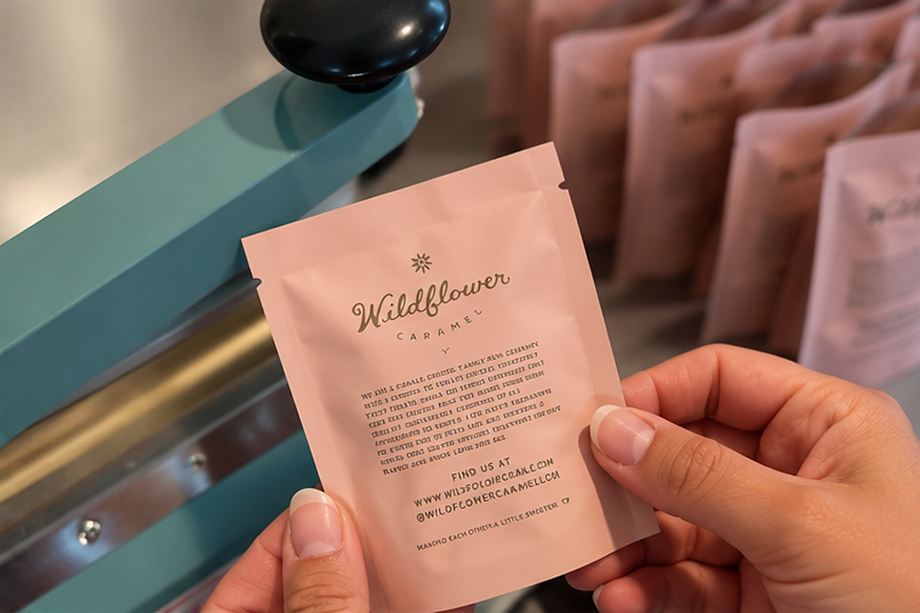 Hands hold a pink Wildflower Caramel Co. pouch beside a heat-sealing machine.