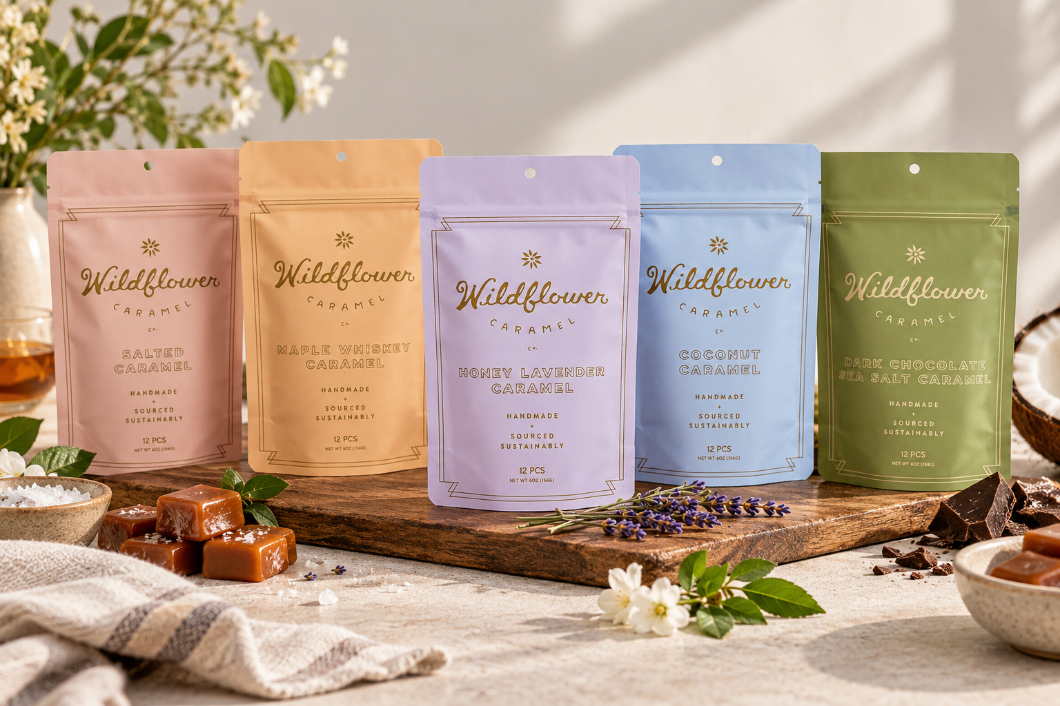 Five Wildflower Caramel Co. pouch designs are arranged with ingredients and wrapped caramels.