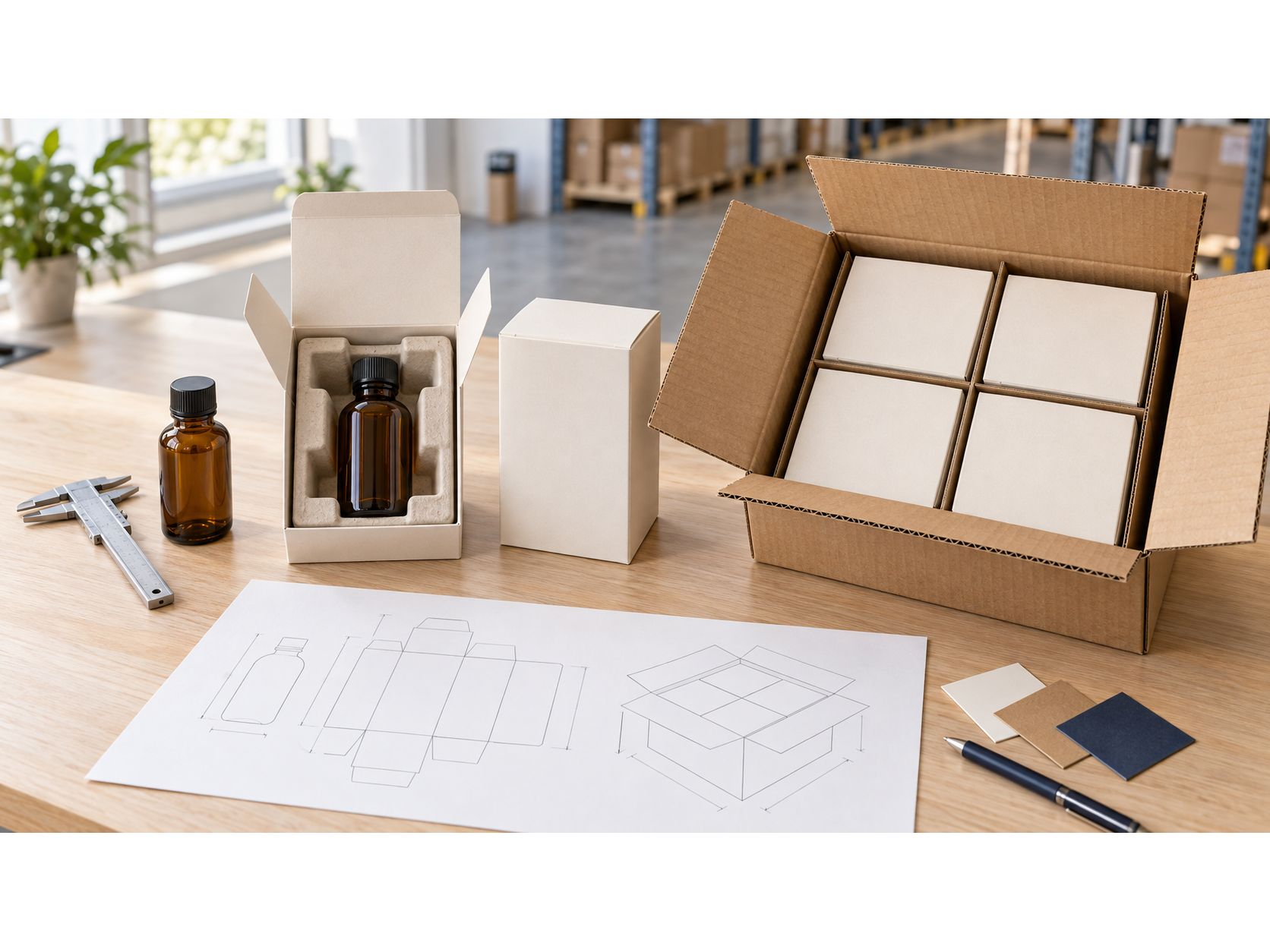 Sample cartons, a shipping box, a bottle, calipers, and structural box sketches on a worktable.