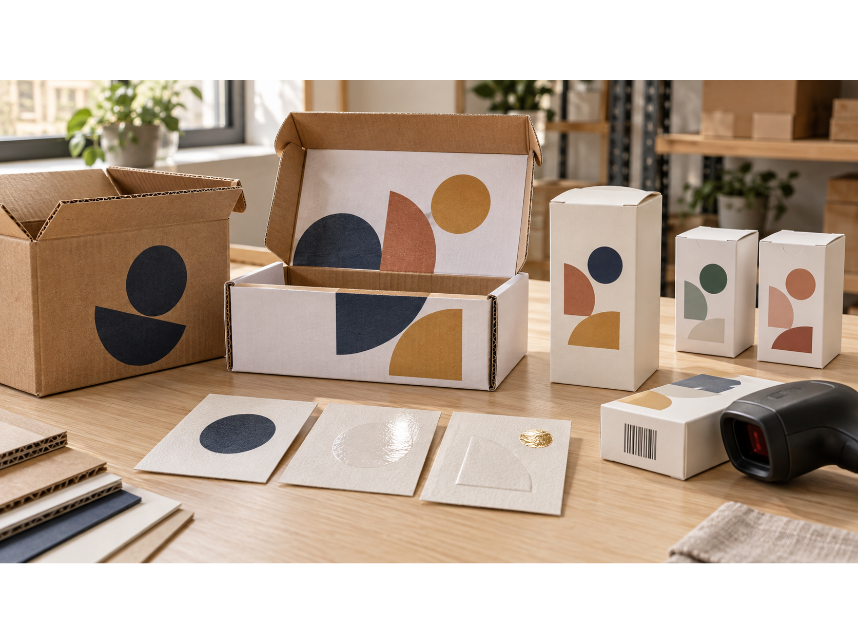 Printed carton and corrugated box samples with finish swatches and a barcode scanner.