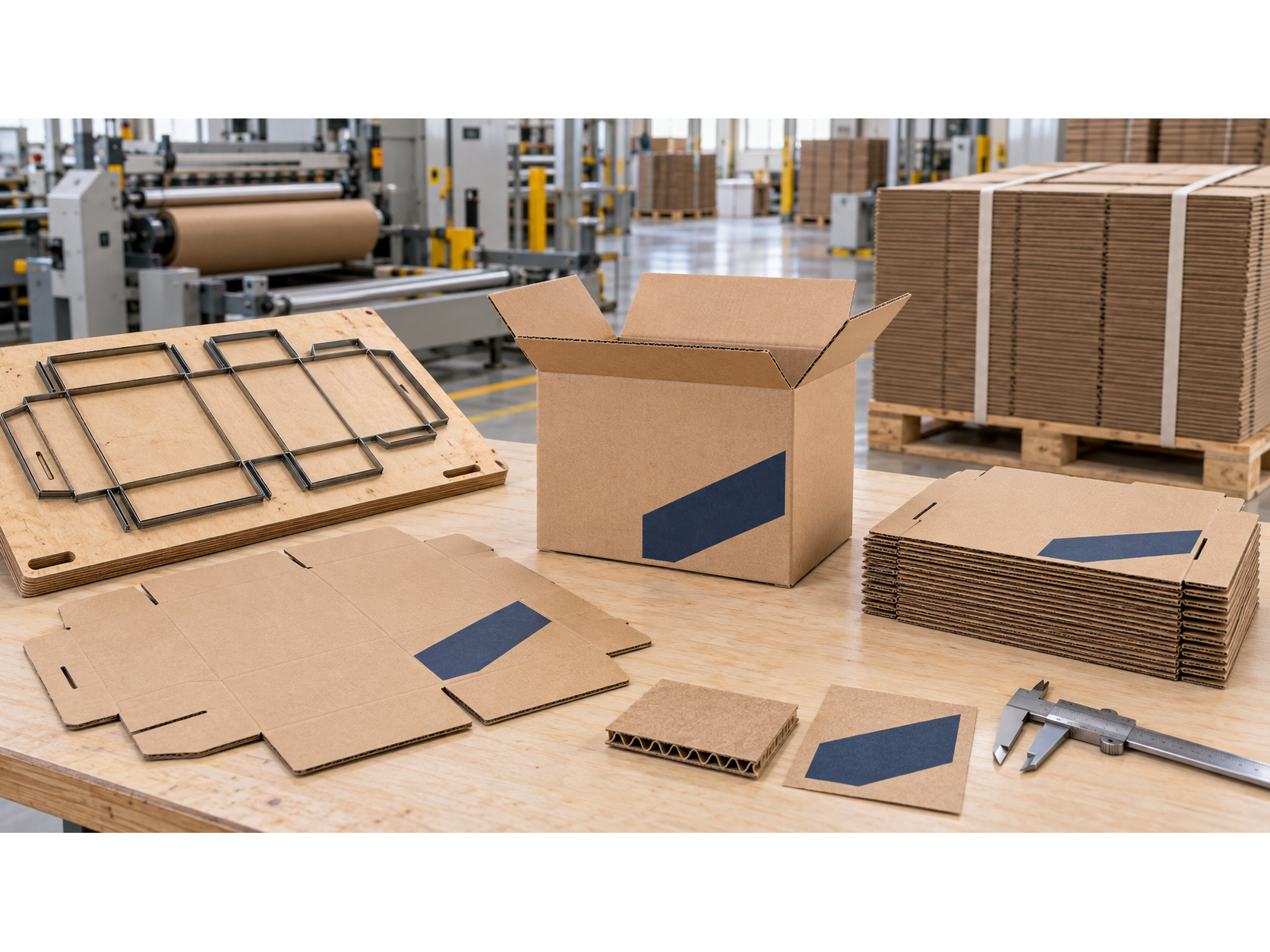 Box tooling, flat corrugated blanks, an assembled box, and stacked board in a production area.