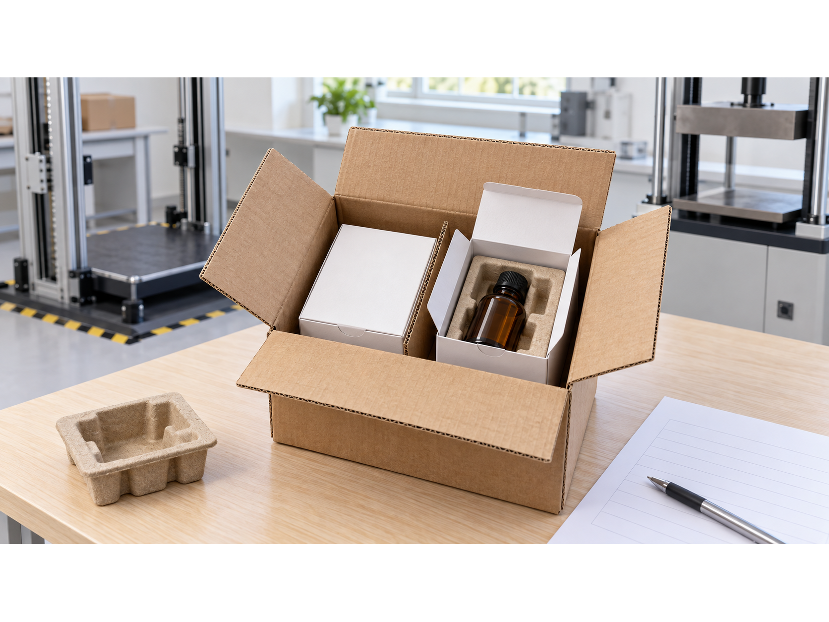 Loaded shipping box with cartons and a bottle beside packaging test equipment.