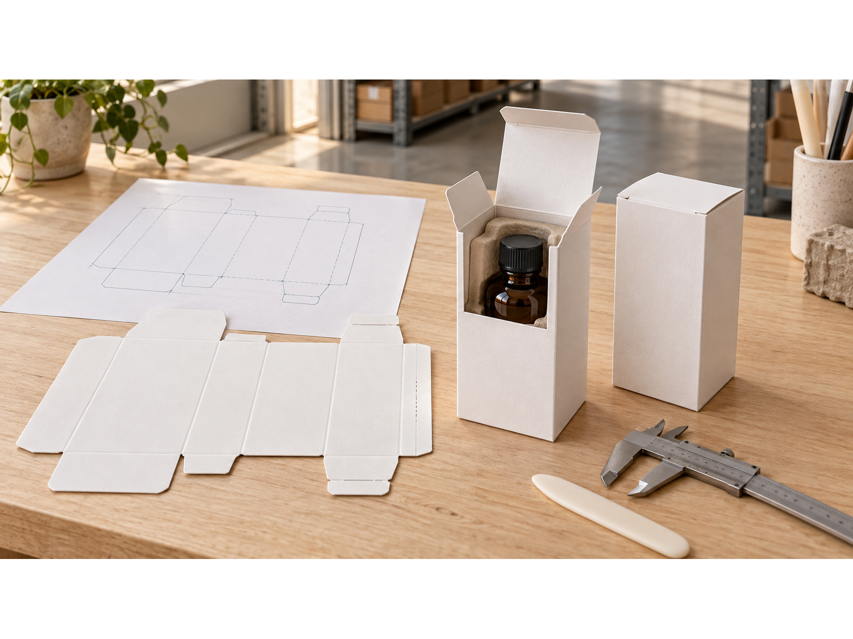 Flat box dielines and white carton prototypes with a bottle and measuring calipers.