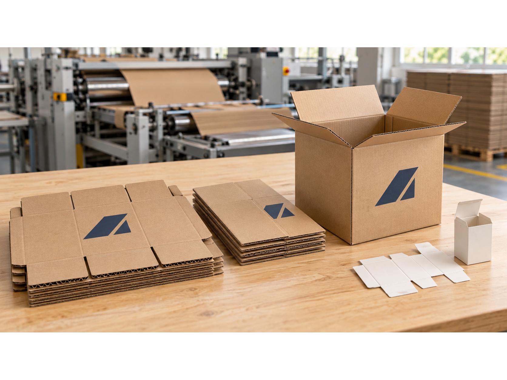 A corrugated production area with flat box blanks and an assembled shipping box.