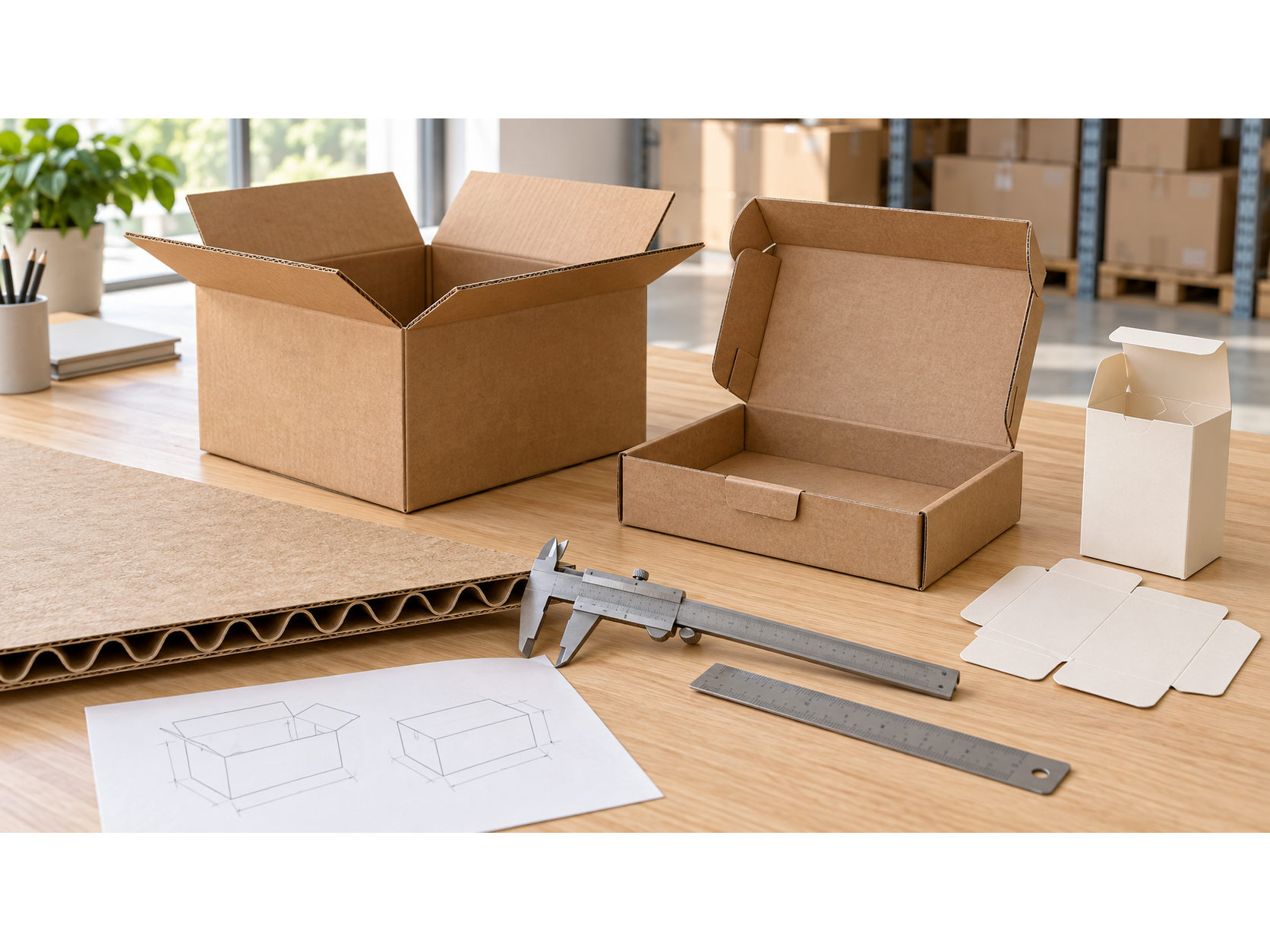 Examples of corrugated boxes, a mailer, and a folding carton with board samples and calipers.