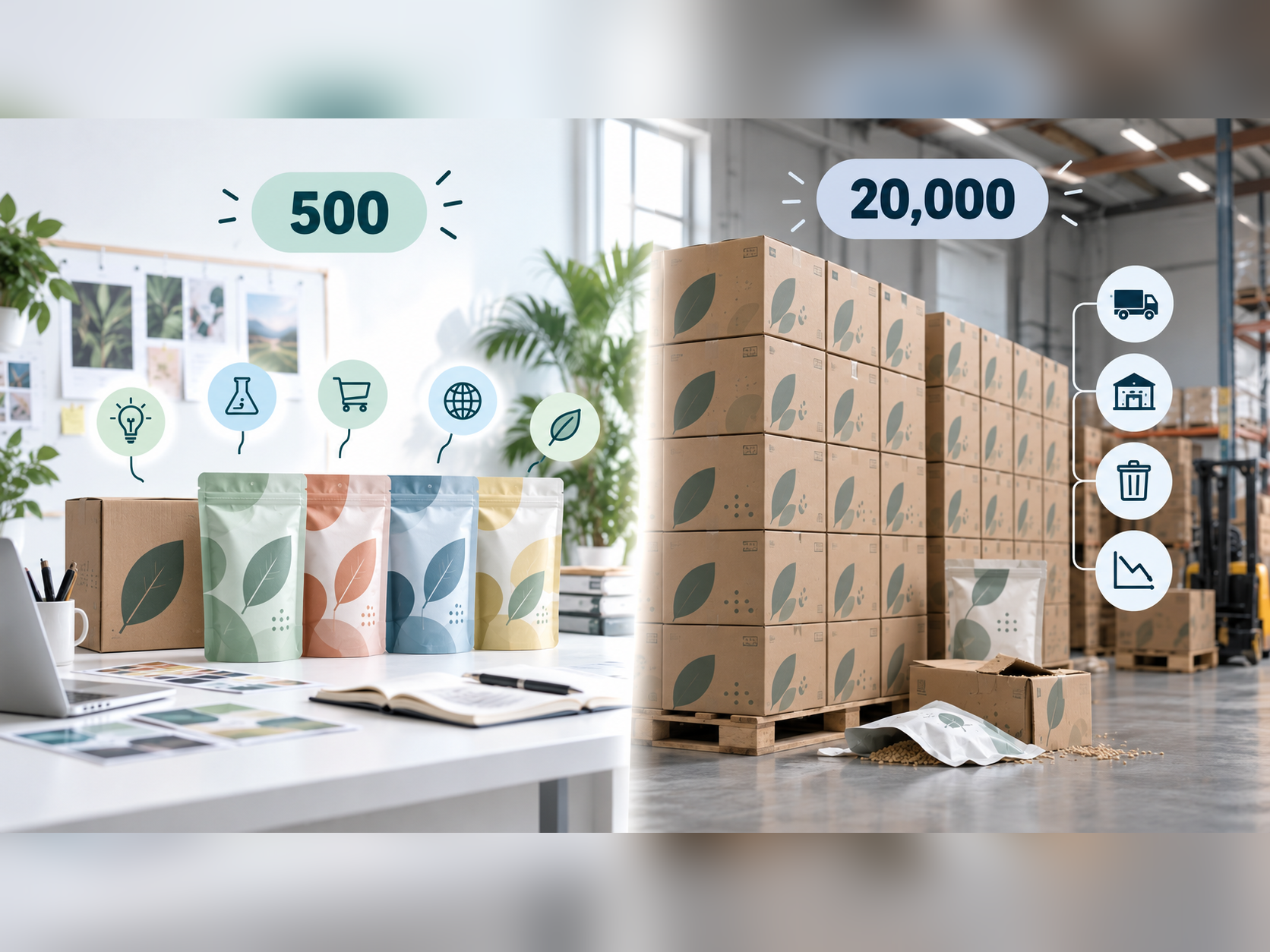 Illustration contrasting a 500-unit packaging test with a 20,000-unit production run