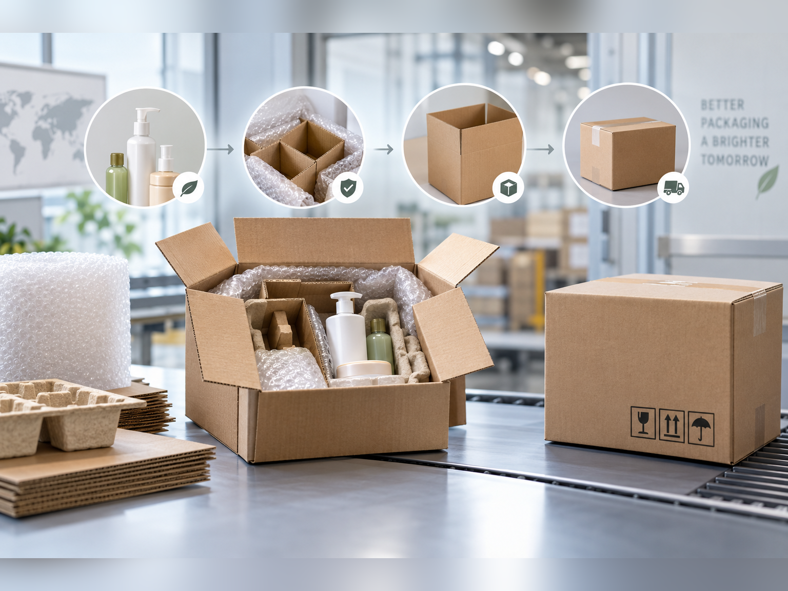 Product packaging process showing bottles, protective inserts, an open shipping carton, and a sealed delivery case