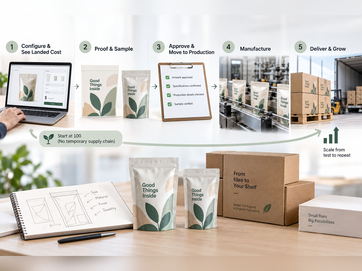 Five-stage packaging path from configuration and sample approval through manufacture, delivery, and growth, starting at 100 units