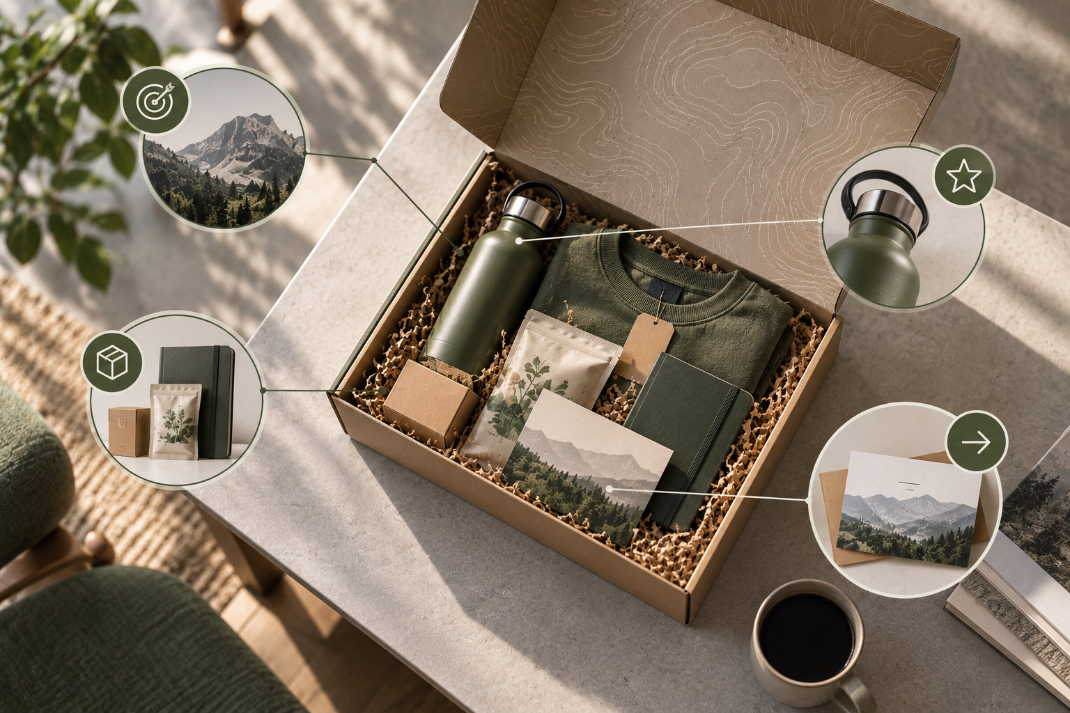 An open swag box shows a hero bottle, supporting merchandise, printed insert, and next-step card highlighted as a coordinated set.