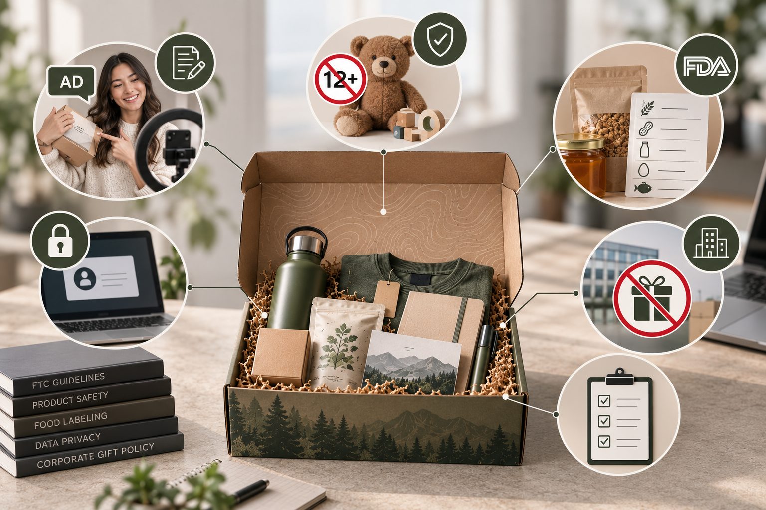 A swag box is surrounded by visual checks for endorsement disclosure, privacy, product safety, food labeling, gift policy, and review conditions.