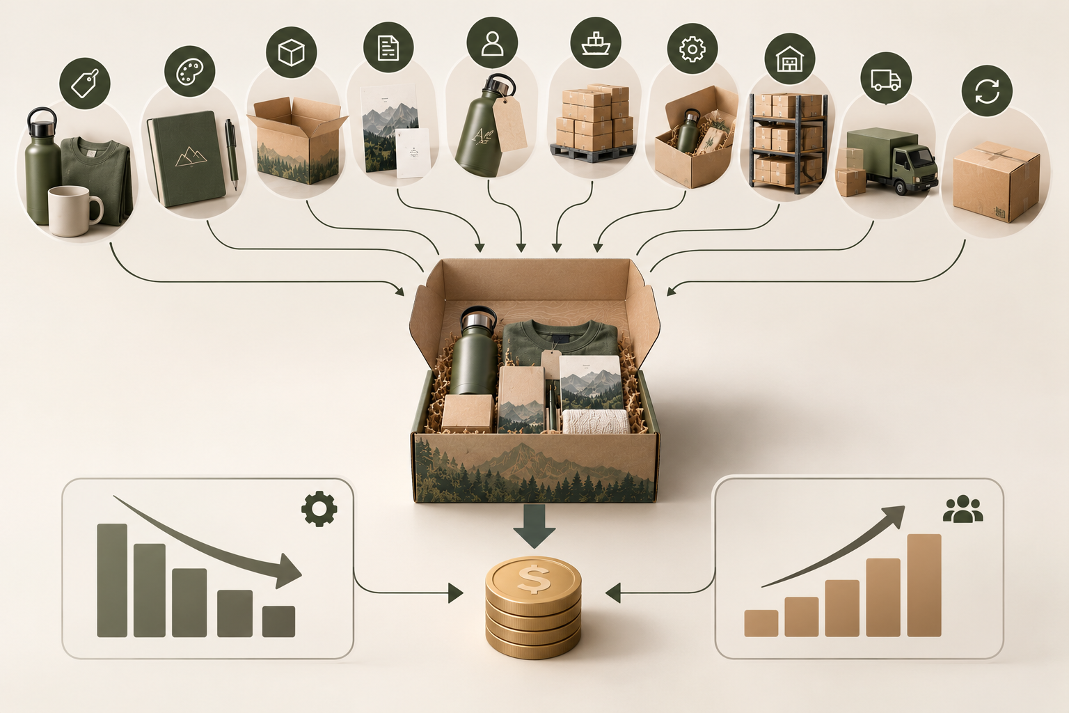 A program-cost diagram connects merchandise, packaging, labor, storage, shipping, and replacement costs to one assembled swag box.