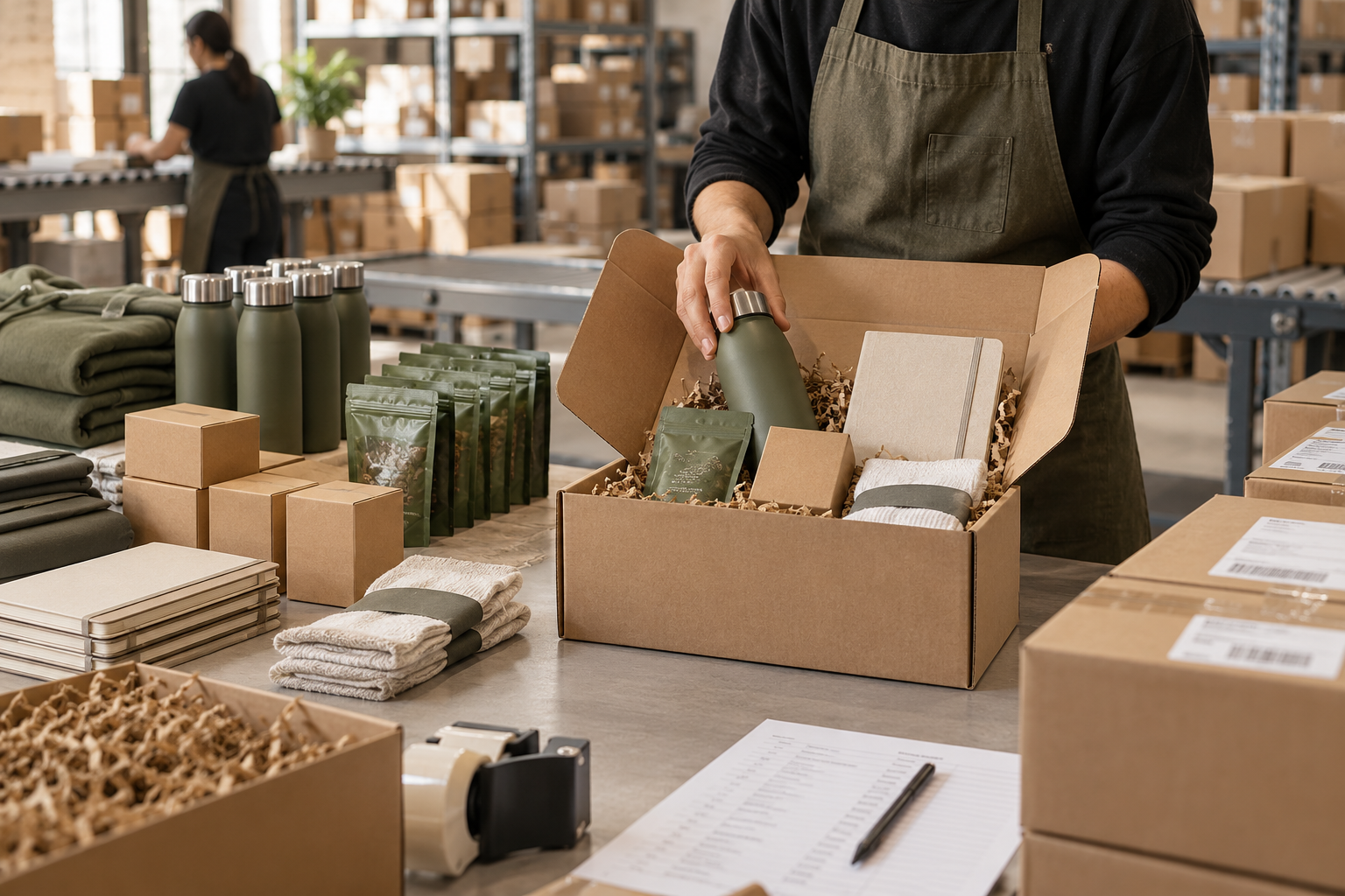 A fulfillment worker assembles branded merchandise and product samples inside a corrugated swag box.