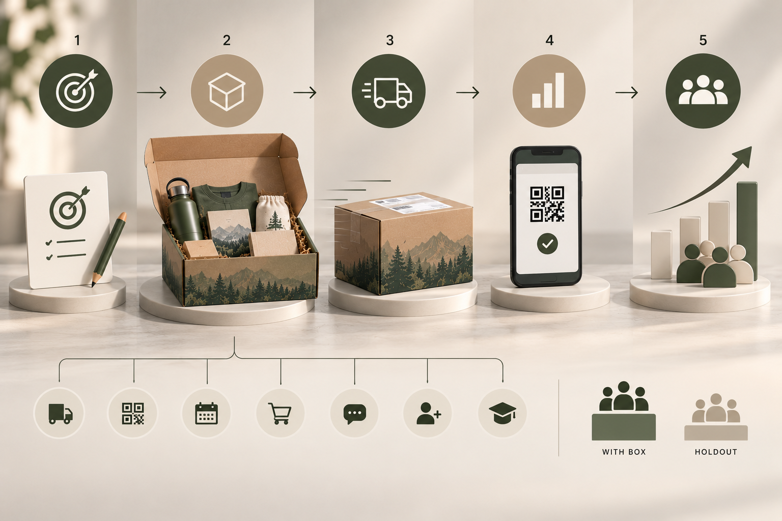 A measurement flow links campaign objective, swag box, delivery, QR response, and audience results, with a holdout comparison.