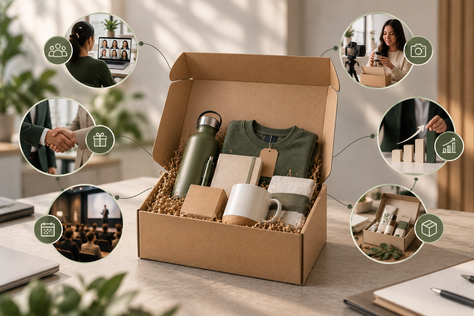 A packed swag box is surrounded by visual examples for employee, customer, event, creator, sales, and product-launch programs.