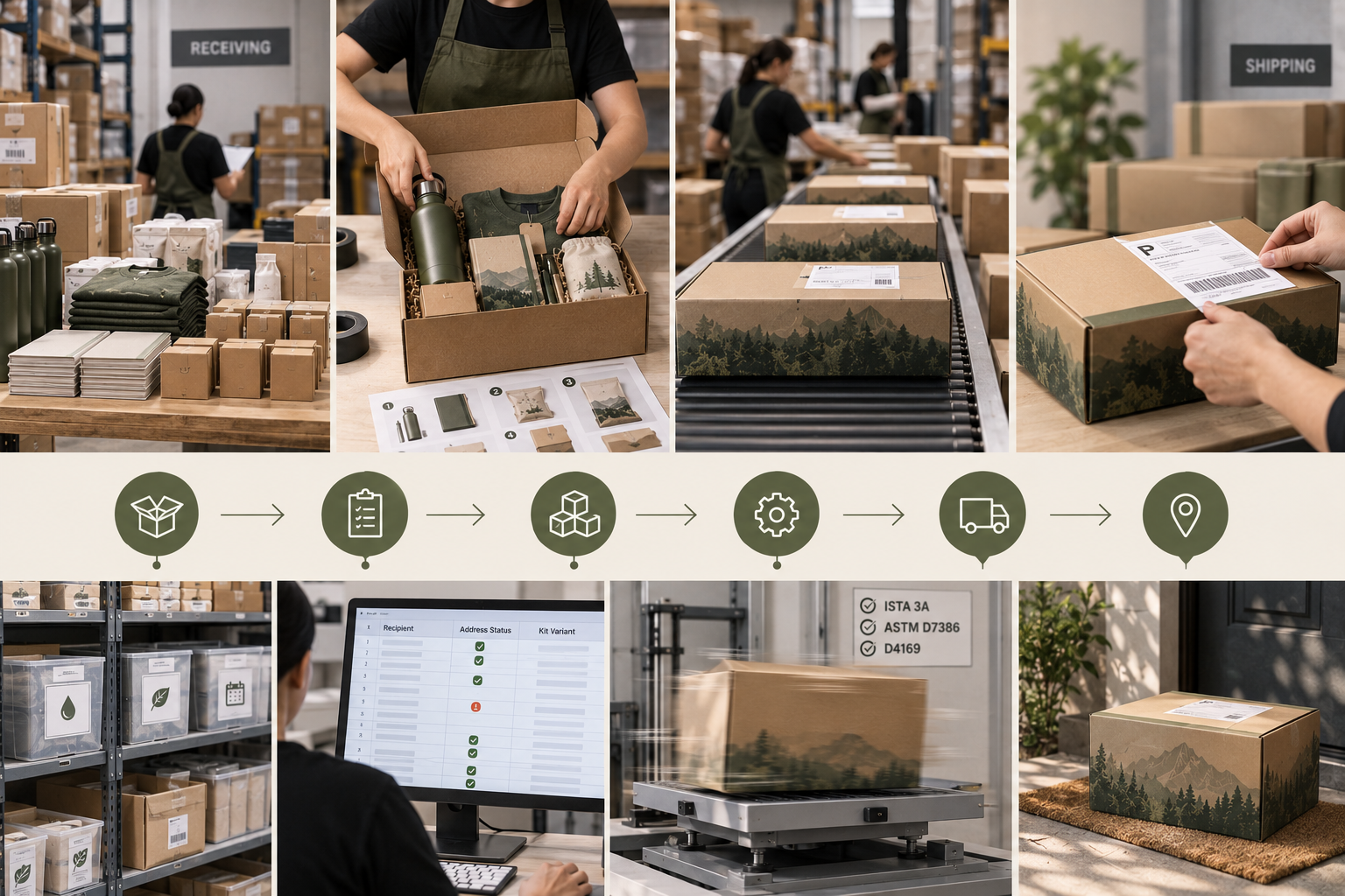 A fulfillment workflow shows receiving, picking, packing, inspection, testing, shipping, and delivery of a swag box.