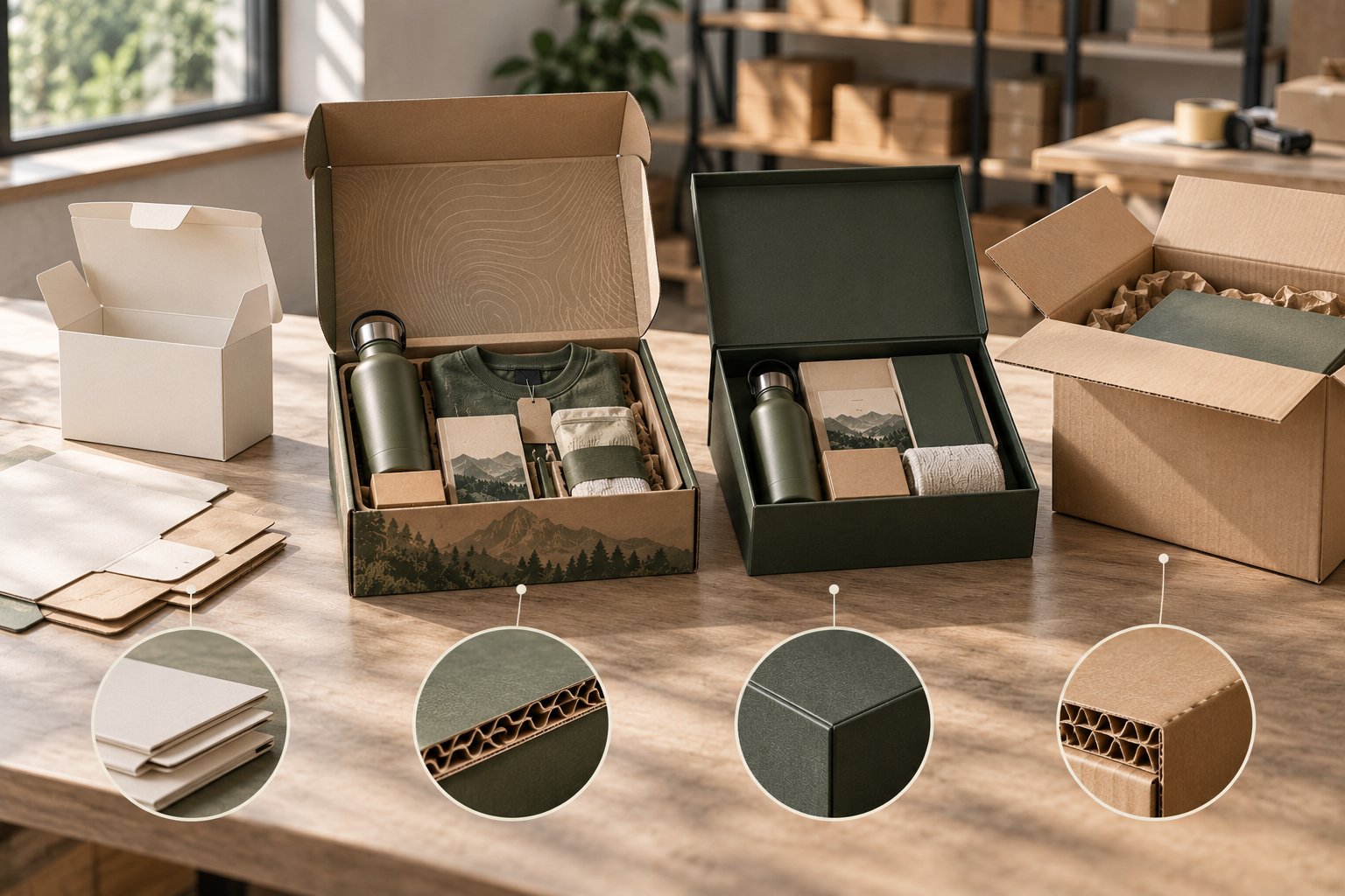 Corrugated, folding-carton, and rigid swag-box formats are compared with material cross-sections and protective inserts.