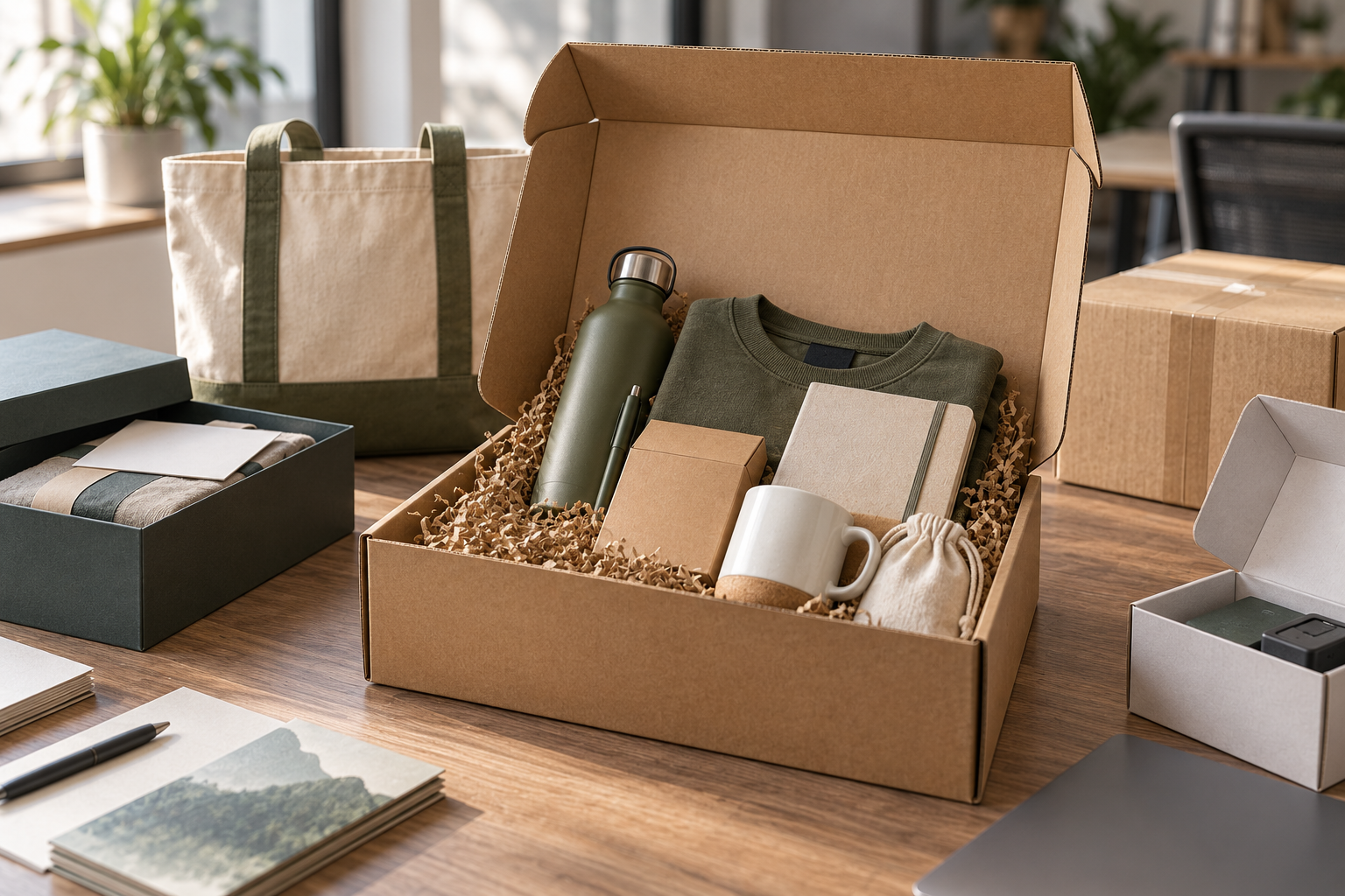 A corrugated swag box contains a bottle, shirt, mug, pouch, notebook, and small branded cartons beside alternative presentation boxes.