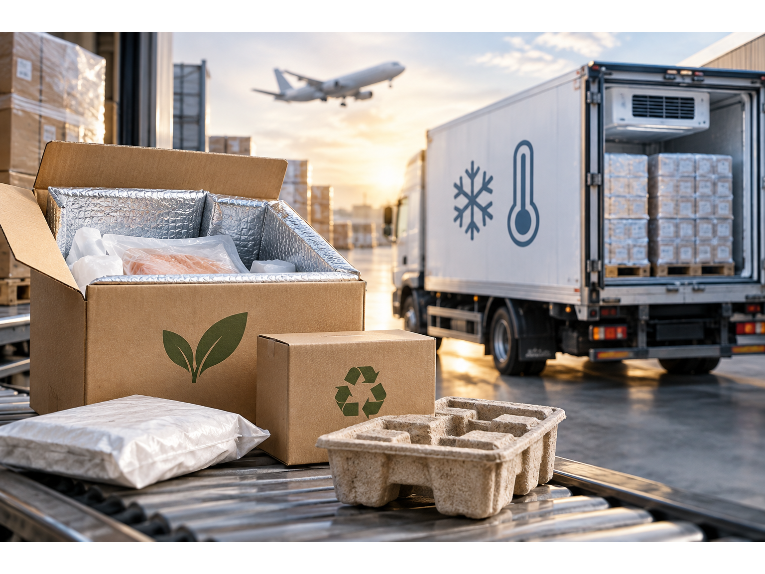 Insulated boxes, gel packs, and fiber inserts sit beside a refrigerated truck and air cargo for cold-chain shipping.