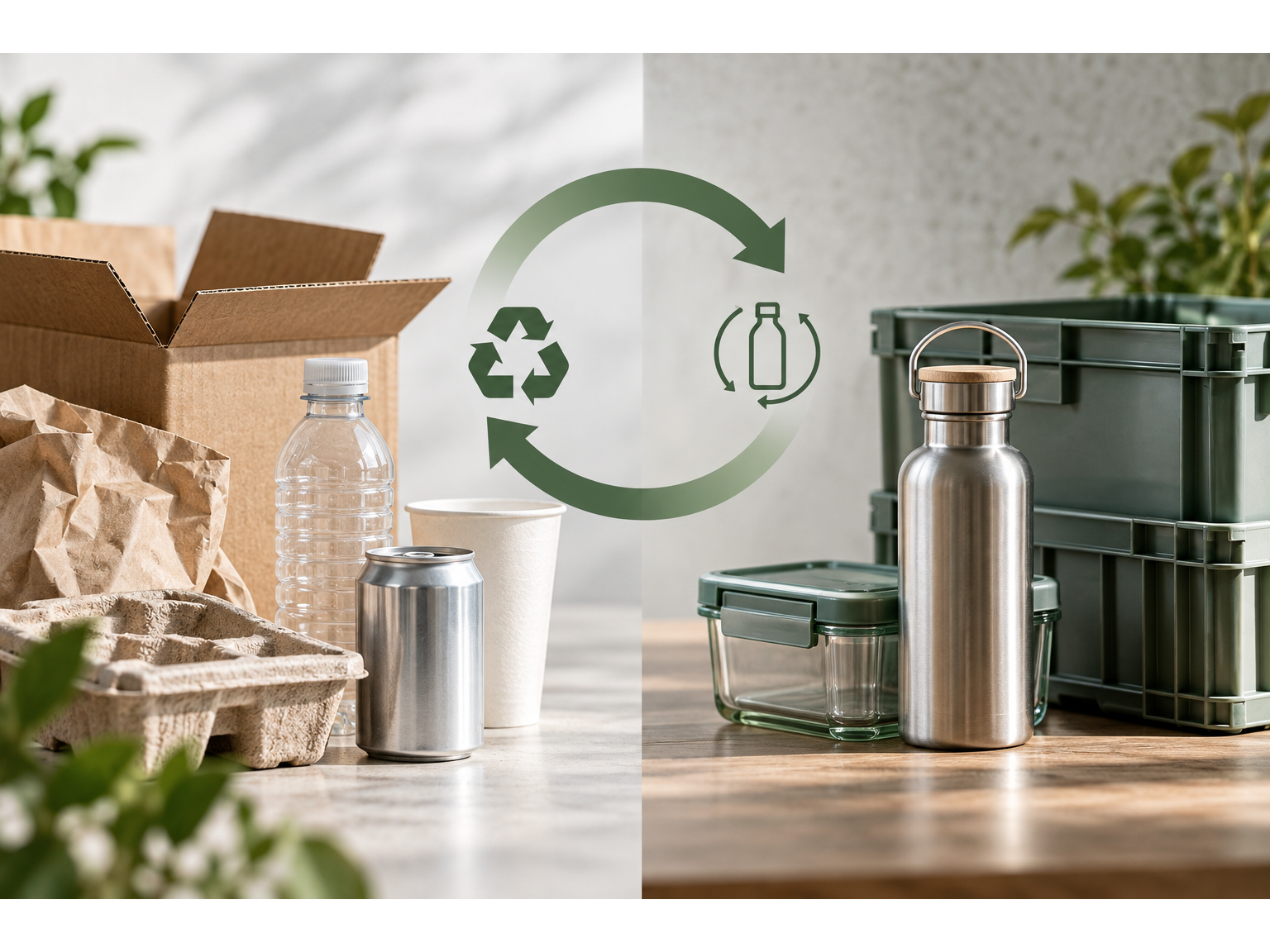 Single-use boxes, bottles, cans, and molded fiber are compared with reusable crates, glass containers, and a metal bottle.