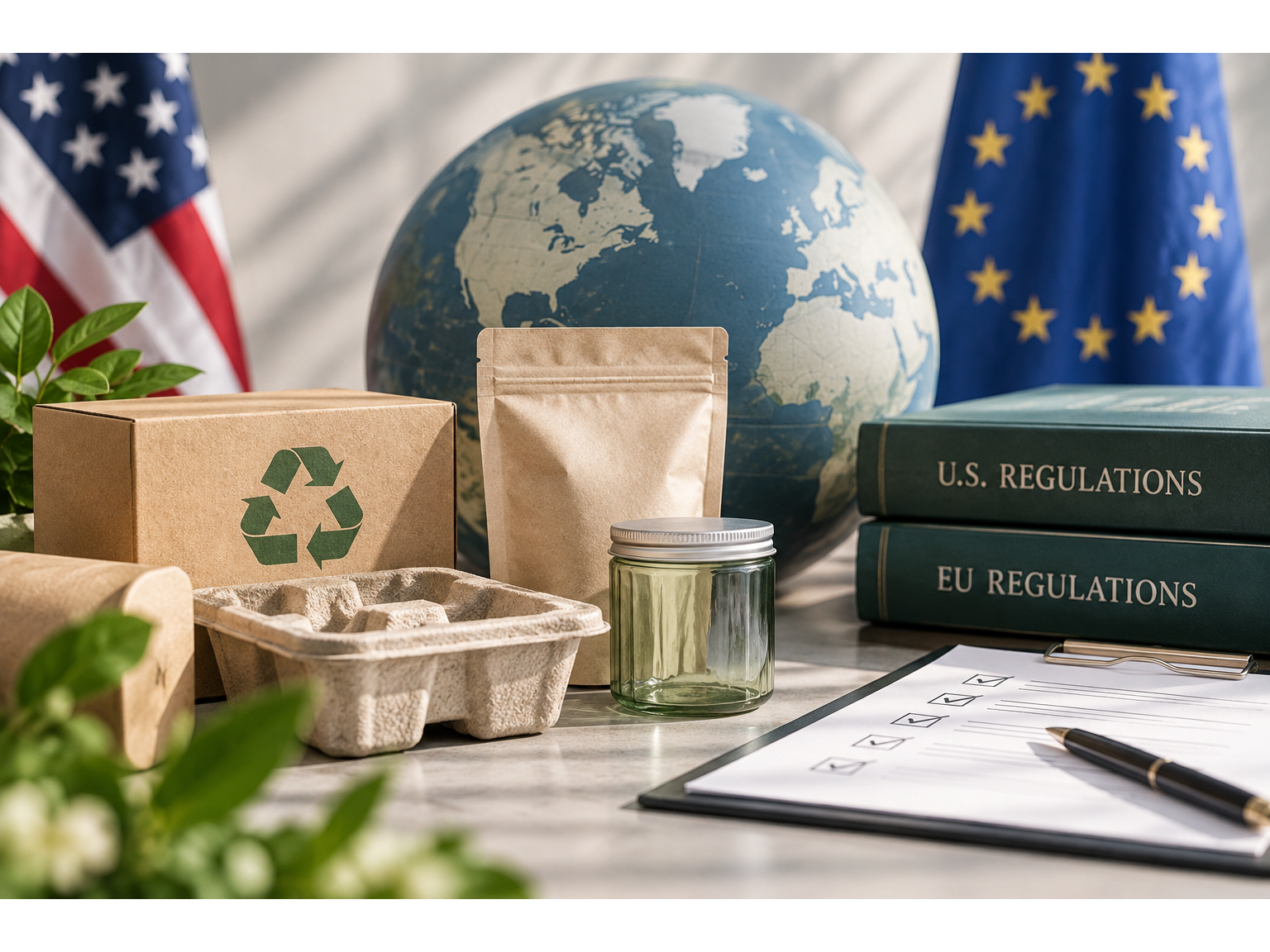 U.S. and EU regulation books, packaging samples, and a compliance checklist illustrate differing packaging rules.
