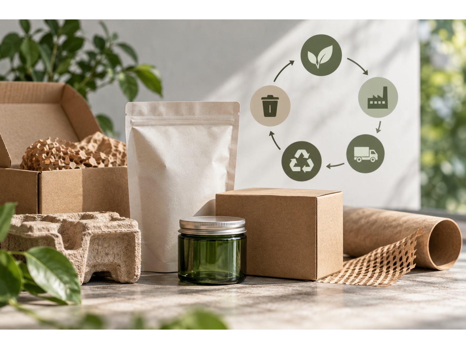 Paper, flexible, glass, metal, and fiber packages sit beside a circular life cycle diagram for production, transport, recovery, and disposal.