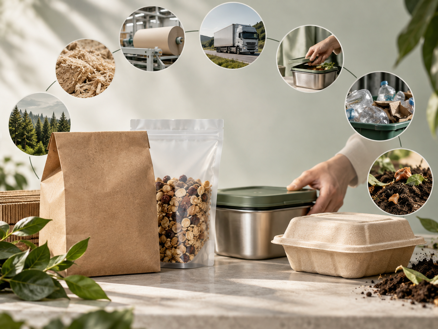Paper bags, flexible pouches, metal containers, fiber packaging, and cardboard boxes represent sustainable packaging options across their life cycles.