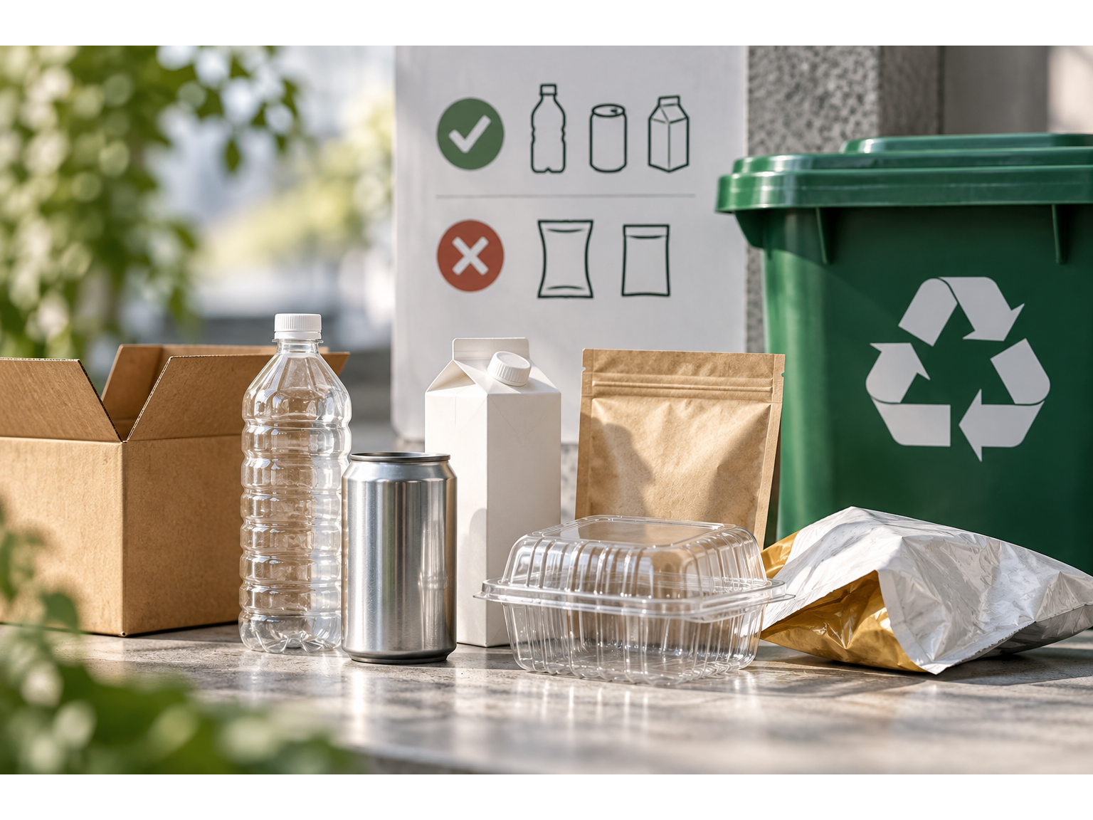 A recycling bin accepts bottles, cans, and cartons while rejecting flexible pouches, trays, and foil-lined packaging.