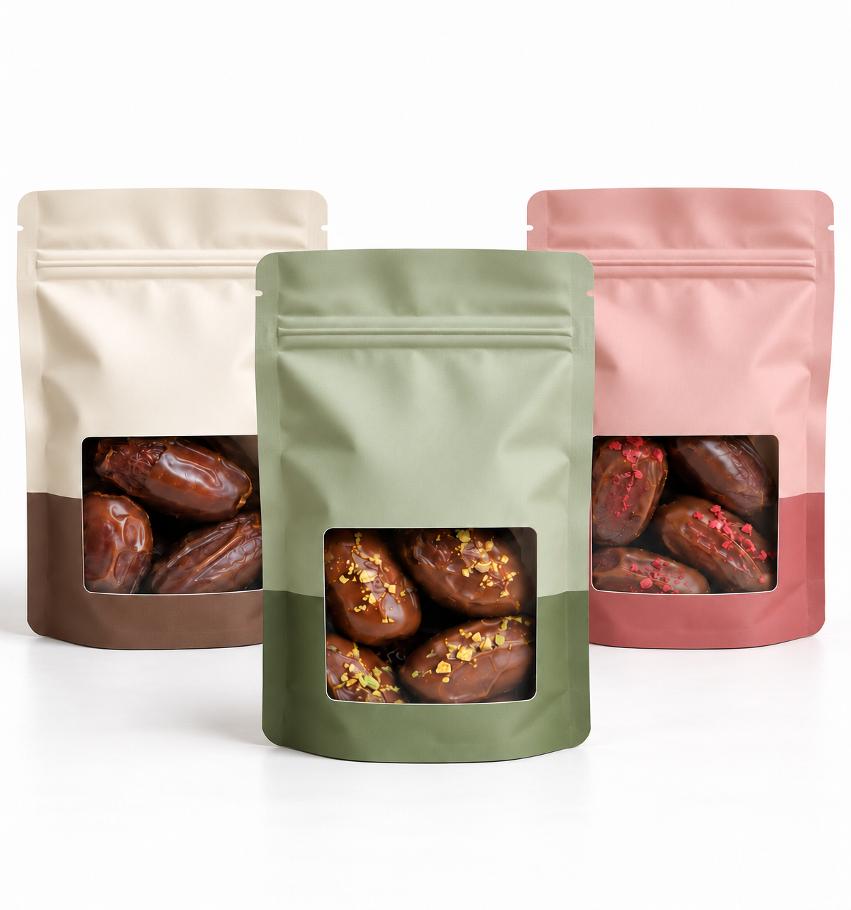 Color-coded stand-up chocolate pouches organized by flavor, filling, and cacao style