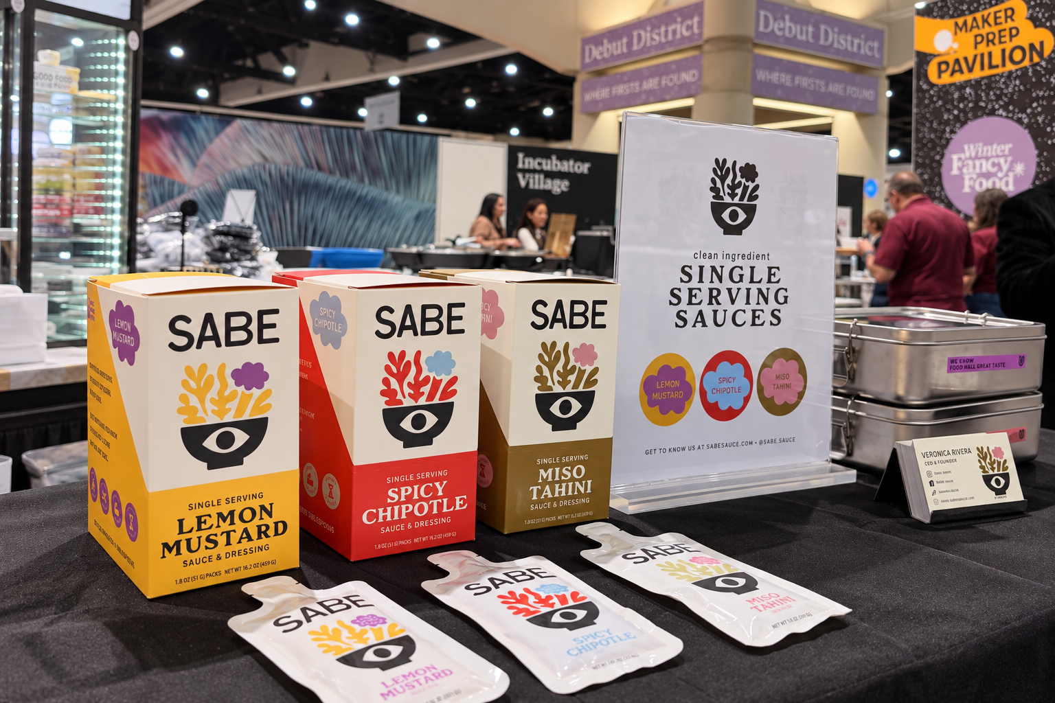 SABE sauce cartons and pouches displayed at a trade show booth