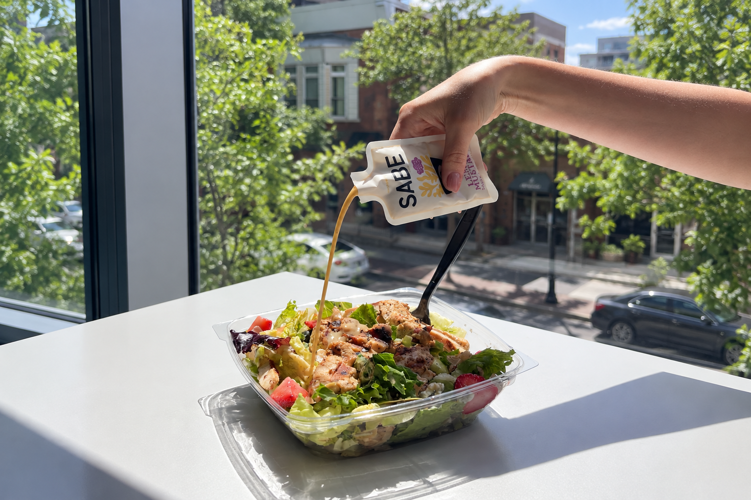 A hand pouring SABE sauce from a pouch over a salad