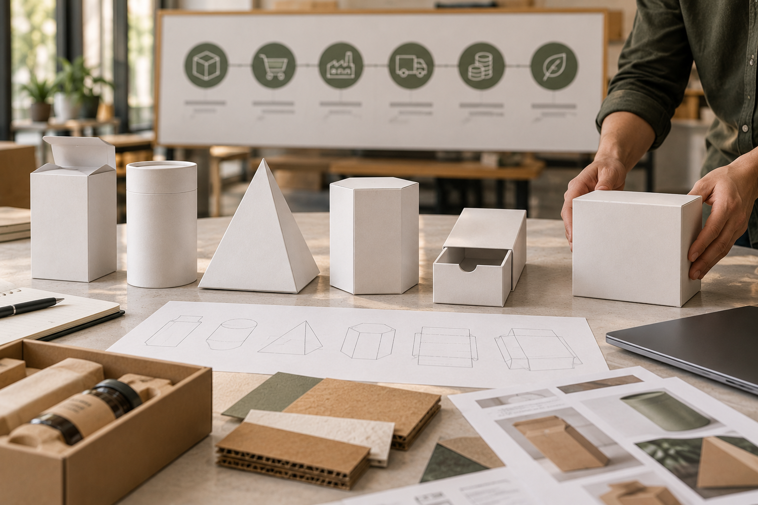 White box-shape prototypes are compared beside material samples, dielines, and a six-factor selection board.