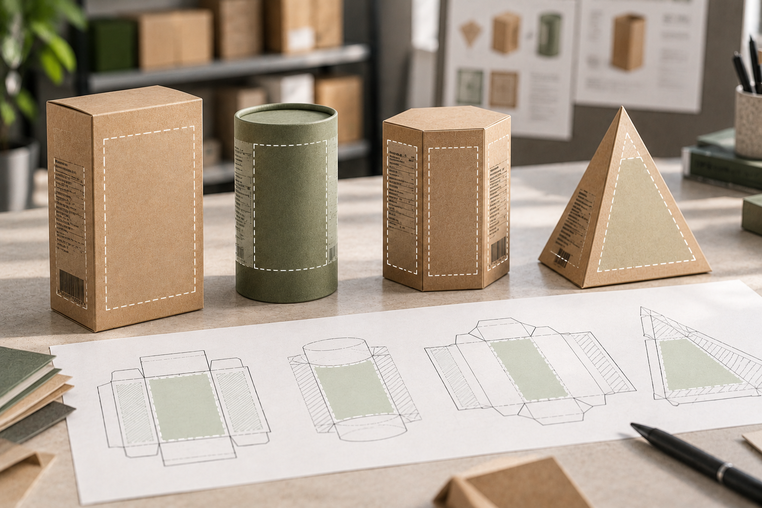 Rectangular, cylindrical, polygonal, and triangular packages show dashed zones for required label information.