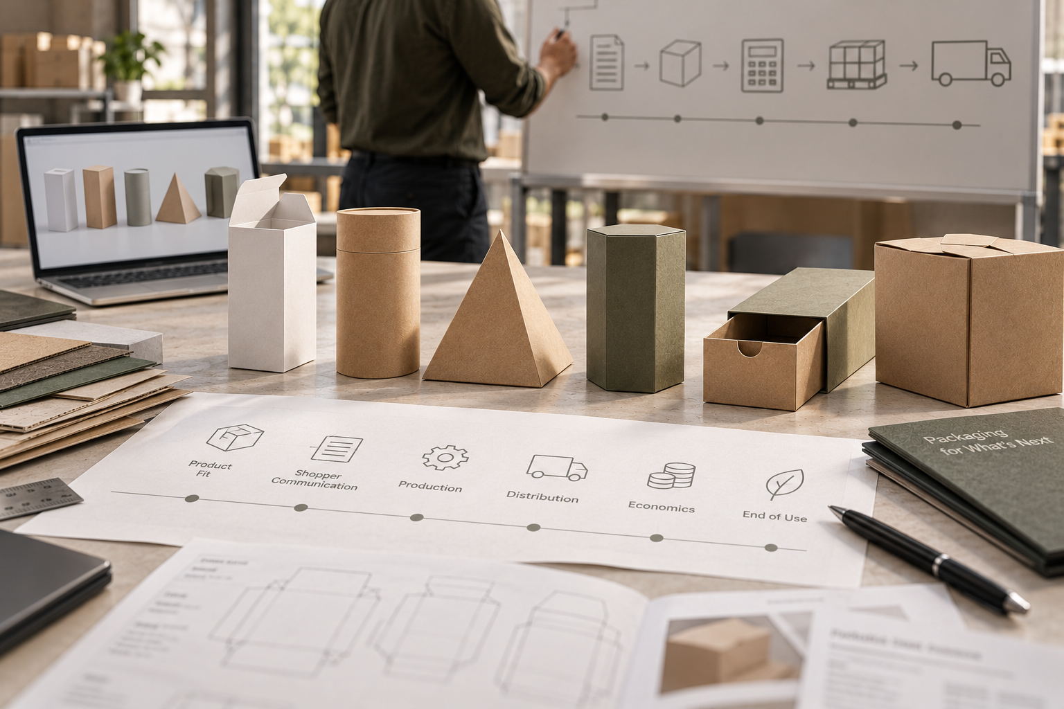 A final review compares multiple box-shape prototypes with dielines, material swatches, and performance criteria.