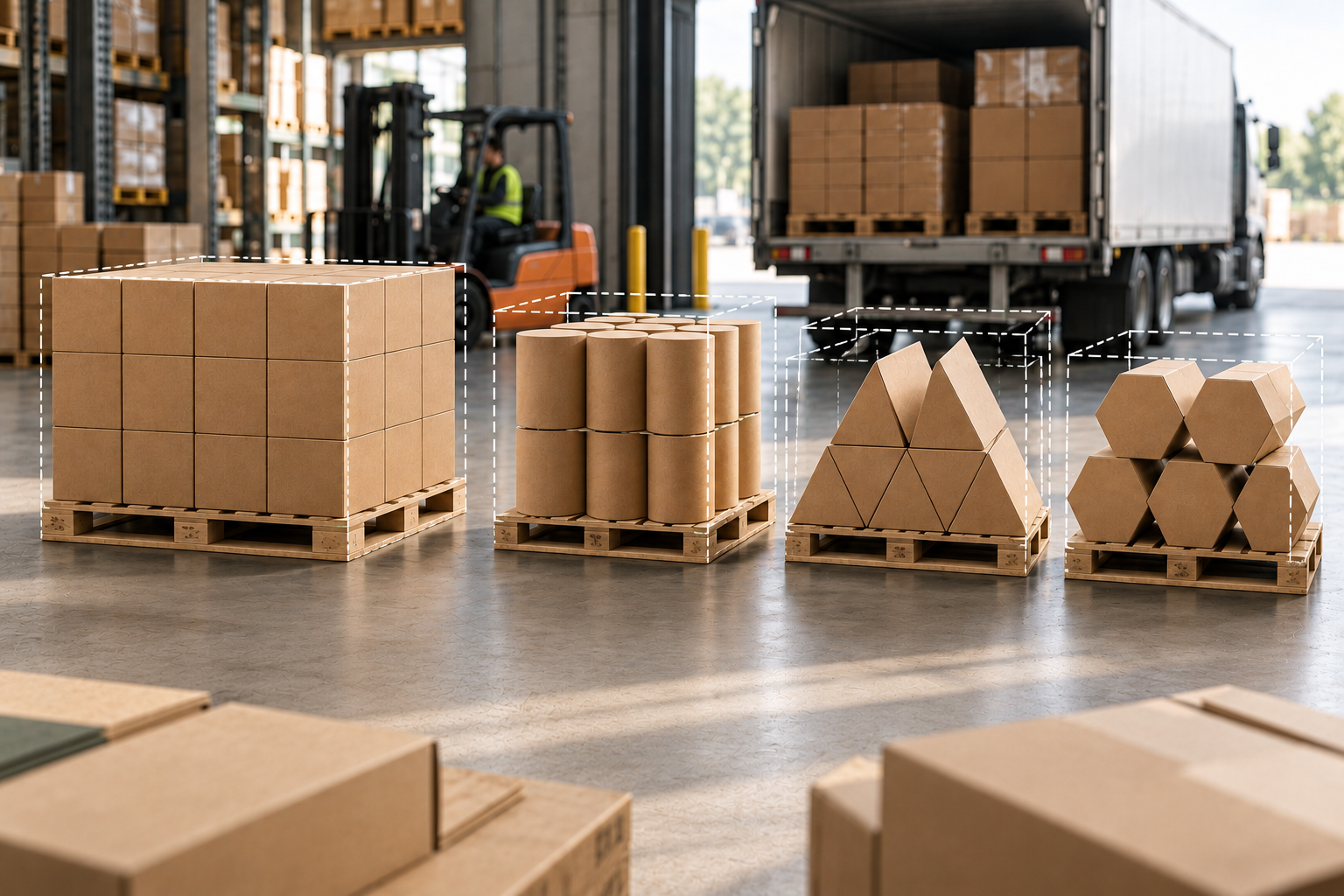 Rectangular cases, tubes, triangular boxes, and polygonal cartons occupy different amounts of pallet and truck space.