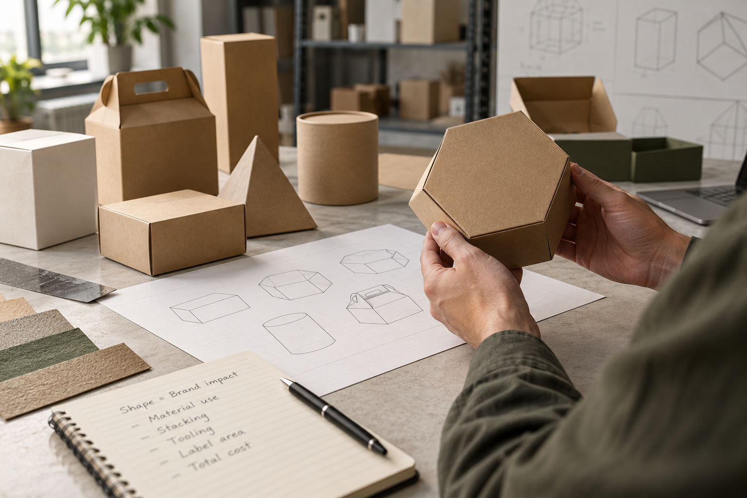 A packaging designer holds a polygonal kraft box among rectangular, cylindrical, gable, and triangular prototypes.