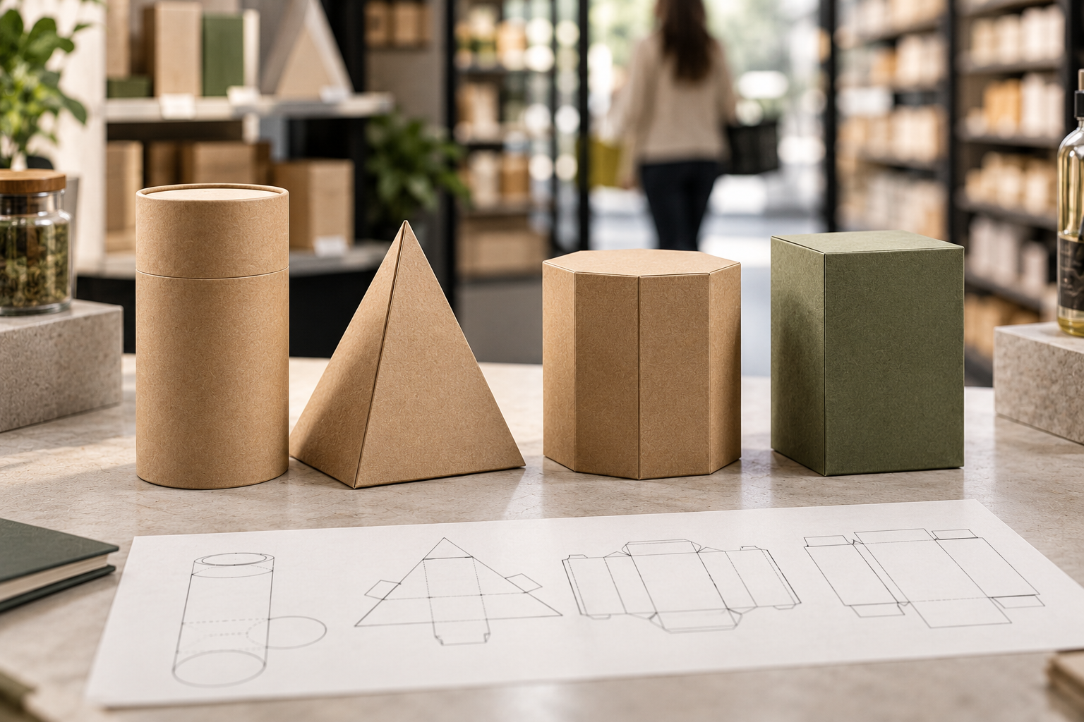 Cylindrical, triangular, hexagonal, and rectangular kraft packages stand beside their structural dielines.
