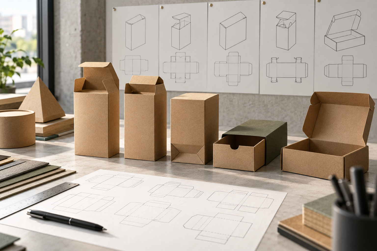 Kraft packaging prototypes and dielines compare tall cartons, tuck boxes, drawer boxes, mailers, and shipping cases.