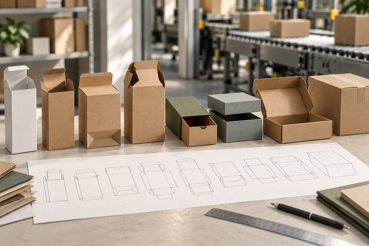 Folding carton, drawer, telescope, mailer, and other closure-style prototypes sit above their dieline drawings.