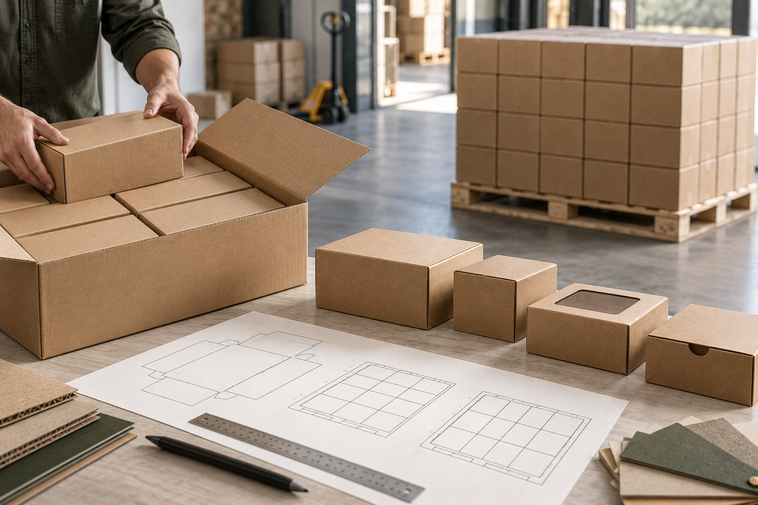 Rectangular kraft cartons fill a shipping case and stack into a uniform pallet layer beside dieline drawings.