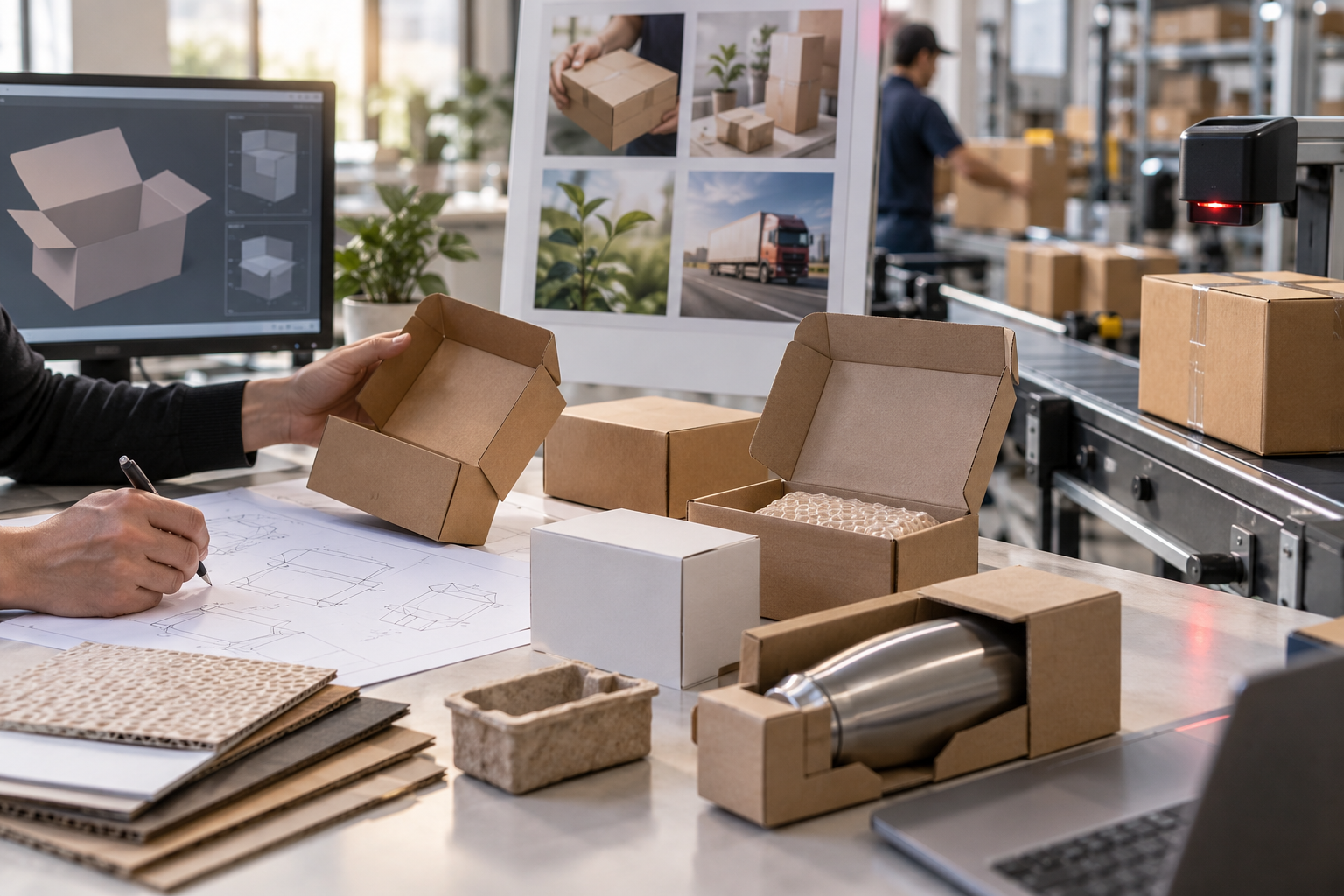 Packaging engineers review box prototypes, dielines, materials, inserts, and a production line during product-package development.
