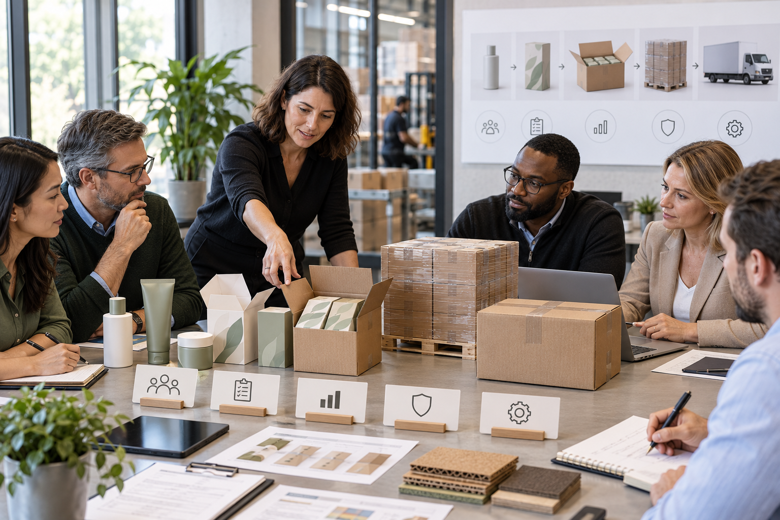 A cross-functional CPG team reviews packaging prototypes, production requirements, cost, quality, and distribution decisions.