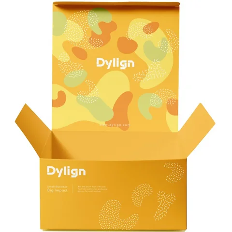 Open yellow custom Dylign product box with printed interior