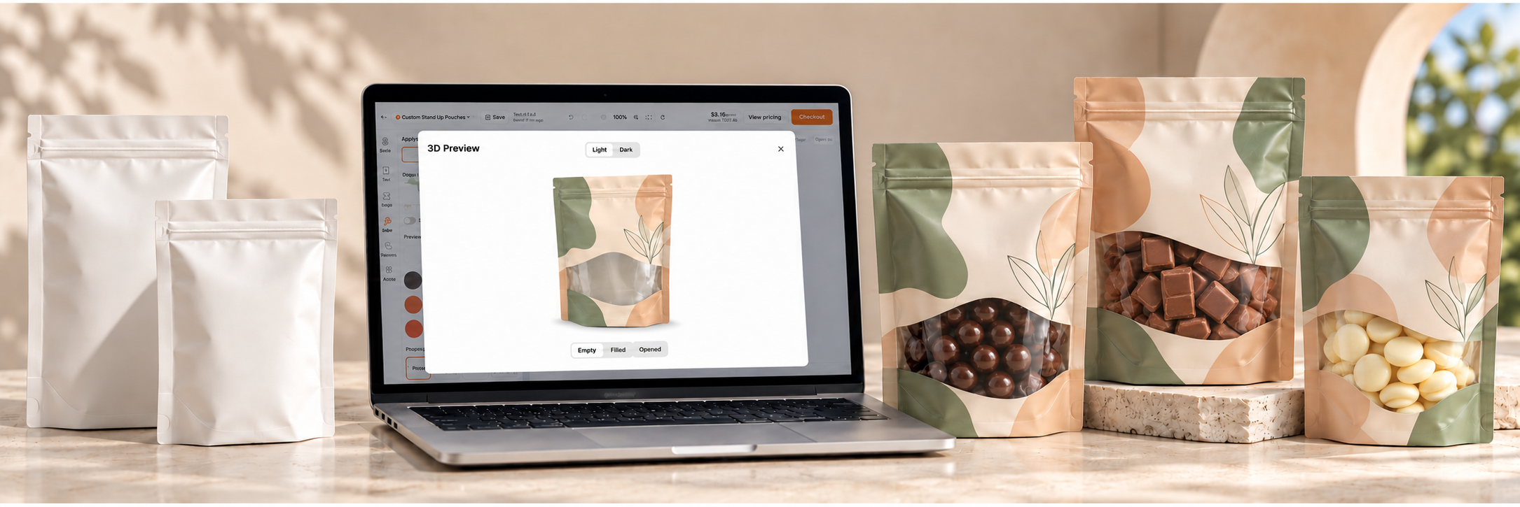 Custom stand-up chocolate pouches arranged with coated dates and chocolate bites