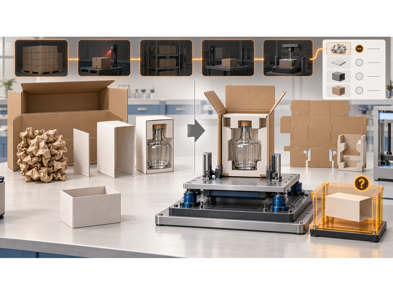 A packaging structure evaluated with and without secondary components and retention pieces.