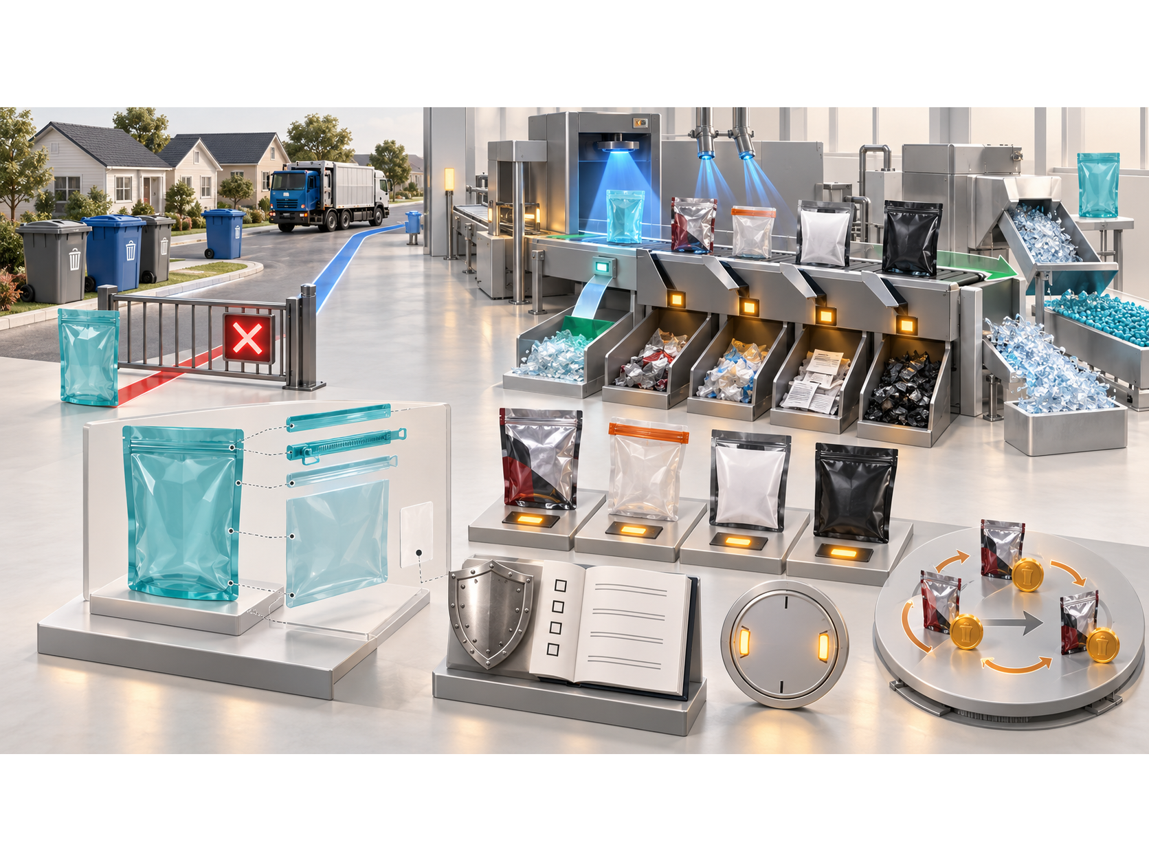 Flexible packaging moving through sorting and recycling tests for compatible and incompatible structures.