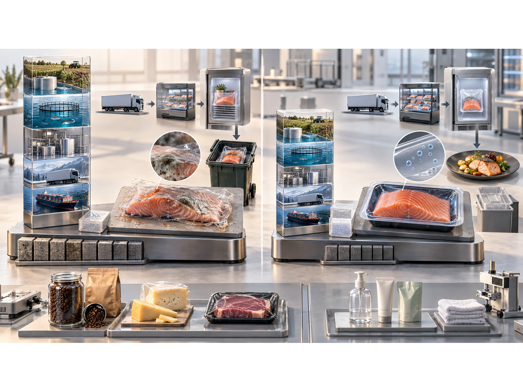 Food products and packaging systems tested for shelf life, waste prevention, and product protection.