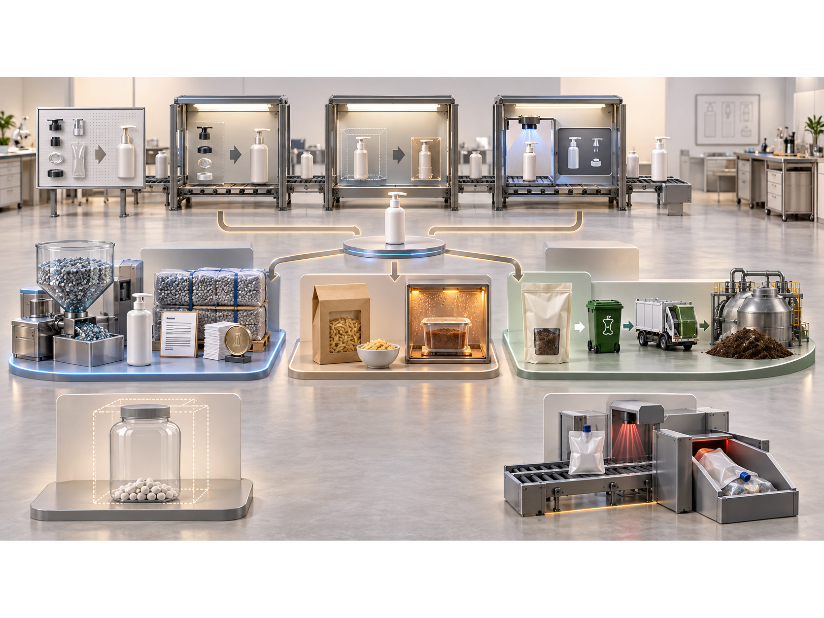 Fiber, recycled-content, compostable, and other packaging materials evaluated as substitution options.
