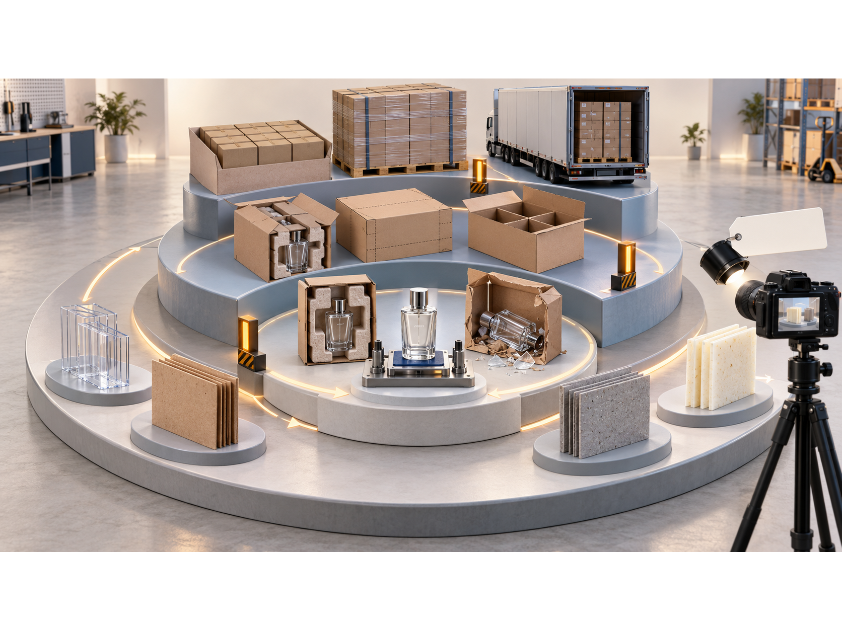 Packaging configurations, materials, and shipping systems compared in a packaging testing workspace.